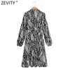 Zevity女性ヴィンテージターンダウンカラー抽象印刷弾性ウエストニースシャツドレス女性シックな長袖Vestido DS4679 210603