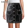Svart Patchwork Rivet kjol för kvinnor Hög midja Streetwear PU Läder Mini Kjolar Kvinnlig Mode Kläder 210521