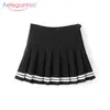AELEGANTMIS Сладкая плиссированная юбка для женщин Опрятный стиль Мини высокая талия девушки винтажные черные белые милые школьные формы S 210607