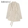 Casual Apricot Lace Up Blazer For Women Notched Long Sleeve Korean Asymmetrical Slim Blazers Female Spring 210524