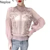 Neploe mulheres dois pedaço conjunto garganta chiffon 3d floral camisa ver através de ruffles blusa sexy sling tops terno feminino 94968 210422