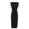 Chic elegant sommar träff färgknapp smal passform midja patchwork v neck penna klänning mode vintage vestido de mujer 210529