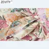 Zevity Women Elegant Pink Flower Print Shirtdress女性長袖ボウサッシュVestido Chic a Line Mini Dresses DS8173 210320