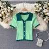 Short Sleeve Polo Shirt Women Fashion Summer Buttons Knit Cardigan Crop Top Color Match Slim Stretch Casual Women's T Tops 210603