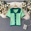 Kort ärm Polo Shirt Kvinnor Fashion Summer Buttons Stick Cardigan Crop Top Color Match Slim Stretch Casual Womens T Tops 210603