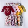 Baby Floral Roupas Set Letra Ruffle Manga Comprida Romper Top Flor Calças Floral Bow Headband Thanksgiving