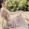 YOSIMI Women Long Dress Summer Chiffon and Lace Maxi Vintage Print Plaid Short Sleeve Party Elegant 210604
