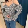 Yitimuceng plaid blouse vrouwen blote schouder sexy camis shirts rechte v-hals zomer Koreaanse mode kantoor dame tops 210601