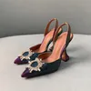 Amina Muaddi Begum Crystal-vellished Multicolour Pumps Shoes Spool Heels Sandals 95mm 여성 고급 디자이너 드레스 신발 저녁 슬링 백 샌들