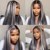 24/32 Inch Grey Long Highlight Human Hair Wig Ombre Transparent HD Lace Front Wig 13x4 Curly Hair Women's Natural Hairline Fake Precut
