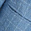 Офис моды Носить синий Tweed Blazer Женщины Элегантная двубортная куртка Пальто повседневной с длинным рукавом Карманные карманы 210515