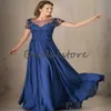 Élégant bleu longue mère de la robe de mariée avec manches courtes une ligne étage longueur dentelle mariage invité robe sexy dos ouvert femmes robes de soirée robe de soirée￩e femme