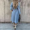 2021 Mulheres Denim Midi Camisa Vestido de Moda Outono Manga Longa Slim Sólida Azul Casual Solto Jean Vestidos Vestido de Mujer Y1006