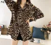 MATAKAWA, moda de primavera, blusa holgada de leopardo de talla grande para mujer, Blusas de manga larga, camisa con cuello vuelto de longitud media 210513