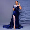 Dark Blue Beaded Velvet Jumpsuit Evening Dresses Jewel Neck Short Sleeves Side Split Prom Gowns Sweep Train Formal Dress