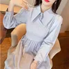 Primavera elegante mujer tejido Patchwork manga larga vestido de fiesta coreano Oficina señora Turn Down Collar Midi Vestidos Mujer 210519