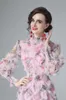 Women's Runway Dress Stand Collar Long Lantern Sleeves Printed Ruffles Elegant Fashion Floral Party Prom Gown