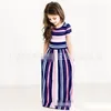 جميل طفلة اللباس متعدد الألوان مخطط دائرة الرقبة قصيرة الأكمام الطابق طول تنورة الصيف شاطئ الاطفال فساتين الملابس 17 5AT L2