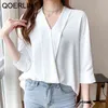 S-2XL été chemises femmes mode en mousseline de soie Blouse ample décontracté hauts blanc pulls col en V formel OL bureau dames 210601