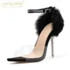 Sandals Lapolaka Summer Sandalias Ankle Strap Thin Heels Cover Heel Transparent Super High Feather Party Club Women Shoes Pumps