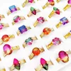 20Pcs/Lot Natural Stone Rainbow Tourmaline Rings For Women Stainless Steel Band Solitaire Ring Mixed Style Charm Crystal Party Jewelry Gifts