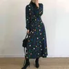 Women Spring Autumn Dress V-neck Lace Nipped Waist Folded Korean Japan Style Wear Polka Dot Printed Maxi Vestidos C046 210506