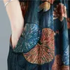 Johnature femmes robes Vintage imprimé ample Floral taille haute coton mélangé été col en v femmes robes décontractées 210521