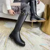 Cowhide Knee Boots Black Real Leather Flat Heels Triangle Belt Buckle Long Boot Women Designer Winter Shoes