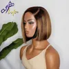 Highlight Color Short Cut Wavy Bob Pixie Wig 4x4 Lace Closure Wigs Perruques de cheveux humains péruviens Perruque droite pré-plumée Lace Front Wig S0826