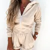 Kvinnors Tracksuits 2 stycken Set Kvinnor Fall Outfits Långärmad Fast Färg Zip Up Hoodie + Wide Leg Shorts for Music Festival Dating