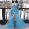Vintage Dubai Arabische Blue Avondjurken met Afneembare Trein Sexy V-hals Kant Mermaid Formele Toga Elegante Afrikaanse Prom Dress Slit Robe de Soirée Femme