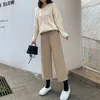 2021 Women Autumn Winter Long Woolen Wide Leg Pants Elastic High Waist Straight Casual Trousers Ankle Length Q0801