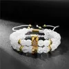 Charm Bracelets 8mm White Stone Beads Bracelet 2pcsSet Mens Jewellery CZ Crown For Women Fashion Armband Cuff Aarrival8434274