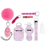 9-teiliges Verteidigungs-Schlüsselanhänger-Set, inklusive Alarm, Pompon, Handdesinfektionsmittel, Handgelenkschlaufe, Lippenstift-Schlüsselanhänger, Pfeife, Öffner, 30 ml leere Flasche für Frauen, Selbstverteidigungs-Schlüsselanhänger