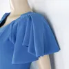 青い首のフリルスリーブハイウエストスリムオフィスタイトドレスファッションesイブニングパーティーVestidos 210527
