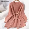 Gaganight, minivestido corto coreano elegante para mujer, fajas, suéter de punto de cintura alta, manga larga, Vestidos de moda sólidos de invierno, Vestidos informales