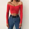 women T-shirts sexy and club fashion female T-shirt long sleeve off shoulder solid color lady Tshirt autumn basic tees 210527
