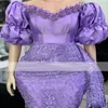 Lavendel Lilac Mermaid Evening Klänningar med Puffy Sleeve 2022 Beading Lace Floral African Aso Ebi Arabic Prom Gown Vestidos de Gala