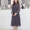 Spring Autumn Floral Print Chiffon Dresses Flare Sleeve Stand Collar Empire Midi Pleated Black Women Dress Vestidos 8634 50 210528