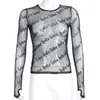 Printemps automne de la mode femme O-Neck à manches longues Gauze Mesh Perspective Lettre de tissu imprimé Personnalité Bodycon T-shirt Desinger t-shirt SML