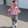 3PCS Set For Girl Summer Clothes Pink Tops+ Ripped Jeans+Headbands 2021 Girls Suit Children Outfits Kids Casual Clothing Sets 1-7 Years