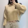 BLSQR Vintage Ribbed Trims Jacquard Crop Knitted Sweater Women Lapel Long Sleeve Female Pullovers Retro Jumper 210430