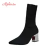 Aphixta metalen kleur 7cm vierkante hakken sokken laarzen vrouwen groot formaat 43 stretch stof elastische puntige neus schoenen enkel boot vrouw y0910