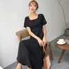 Koreanische Frauen Sommer Kleid Solide Hohe Taille Quadrat Kragen Kurzarm für Casual Lose Maxi es Vestido 14140 210508