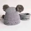 2Pcs/Set Children Hat Scarf Winter Knitted Warm Baby Beanie Cute Pompom Embroidery Eyes Kids Cap Scarves Y21111