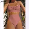 Yüksek bel bikini mayo şınav mayo katı Brezilyalı mayo biquini bikini beachwear 210621