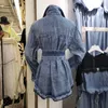 Jesienna kurtka Collar Collar z pasem Casual Denim Outwear Vintage dla kobiet Długi rękaw Loose Coat 210531