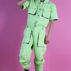 Męskie spodnie kombinezony mężczyźni jasnozielone częściowe fluorescencyjne Zestaw Trójwymiarowy torba Hip Hop Street Dance Costume Drak22