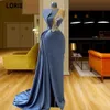 Arabic Aso Ebi Luxurious Beaded Crystals Prom Dresses Baby Blue High Neck Evening Dress Sheath One Shoulder Split Mermaid Formal