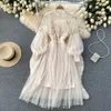 Spring Autumn Sweet Women Mesh Dress Elegant Stand Collar Lantern Long Sleeve High midja 2st Party Vestidos kvinnligt nytt mode 2022